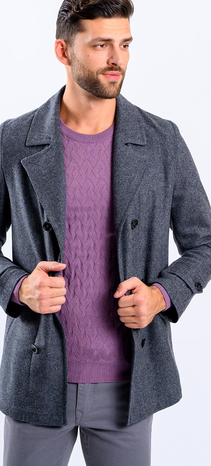 Short grey wool double-breasted coat