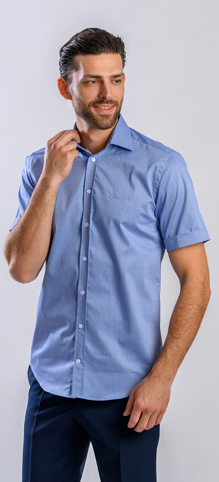 Blue striped Extra Slim Fit short-sleeved shirt with polka dot pattern
