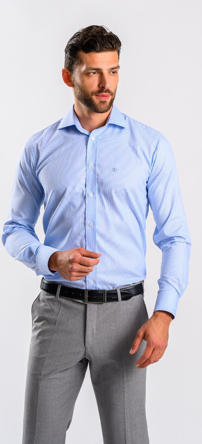 Blue Slim Fit Shirt with a Fine Rectangle Pattern