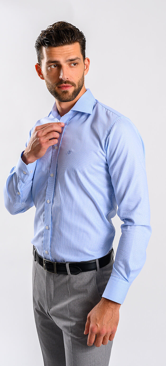 Blue Slim Fit Shirt with a Fine Rectangle Pattern