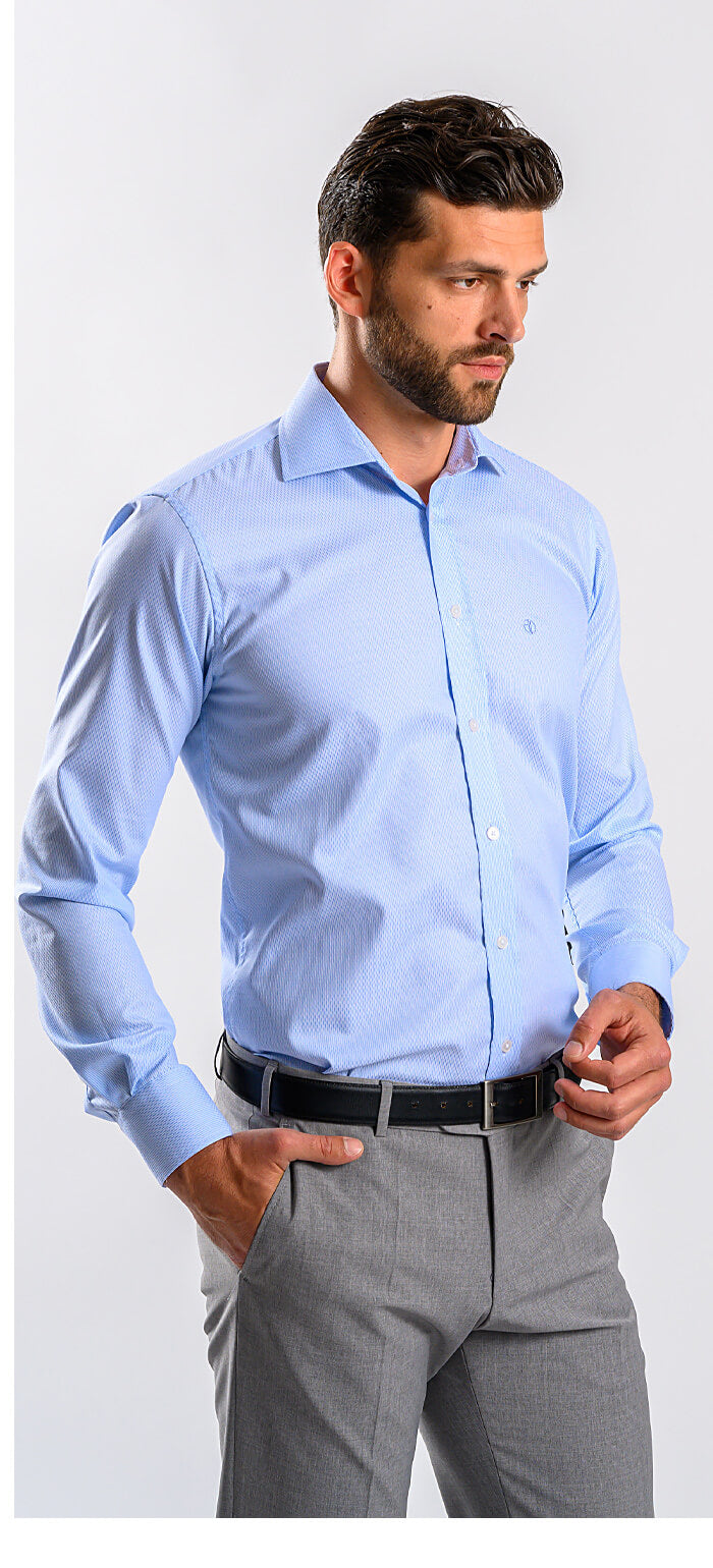 Blue Slim Fit Shirt with a Fine Rectangle Pattern