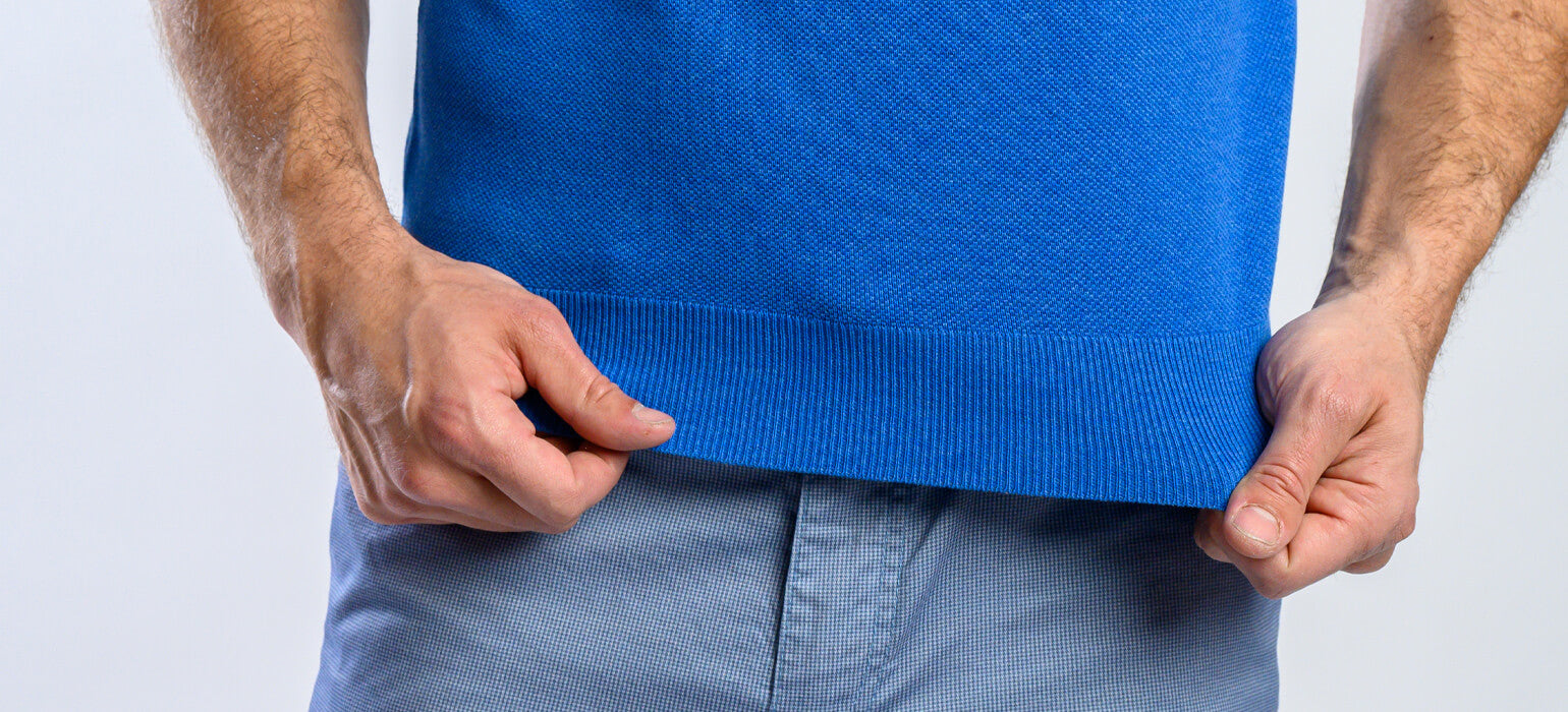 Blue knitted polo shirt without buttons