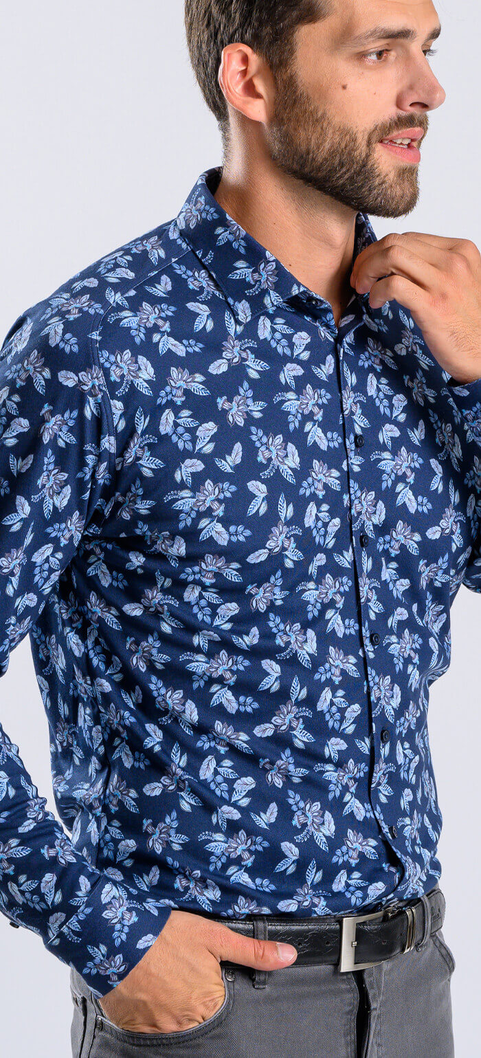Blue heavily patterned stretch Extra Slim Fit shirt with anti-wrinkle treatment