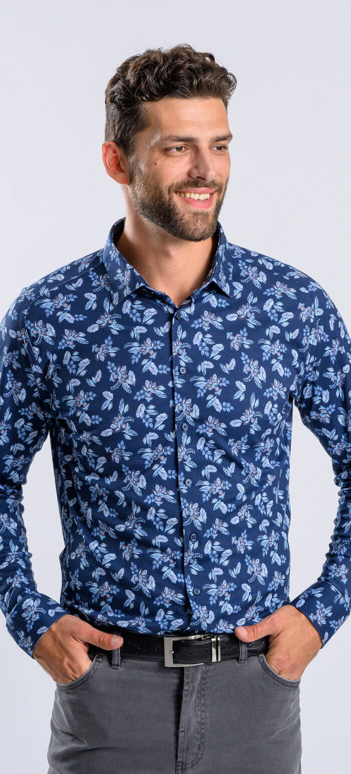 Blue heavily patterned stretch Extra Slim Fit shirt with anti-wrinkle treatment