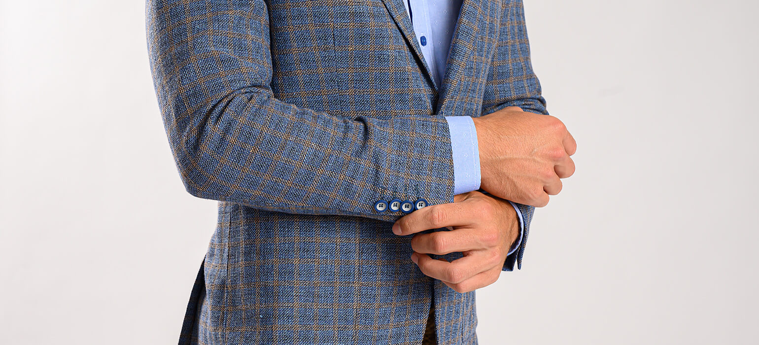 Blue linen jacket with brown check