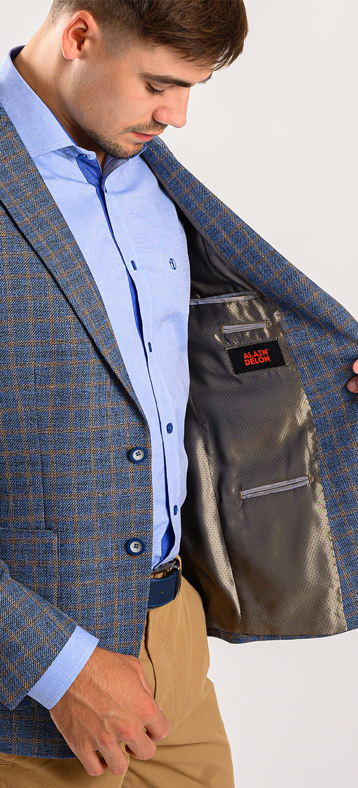 Blue linen jacket with brown check