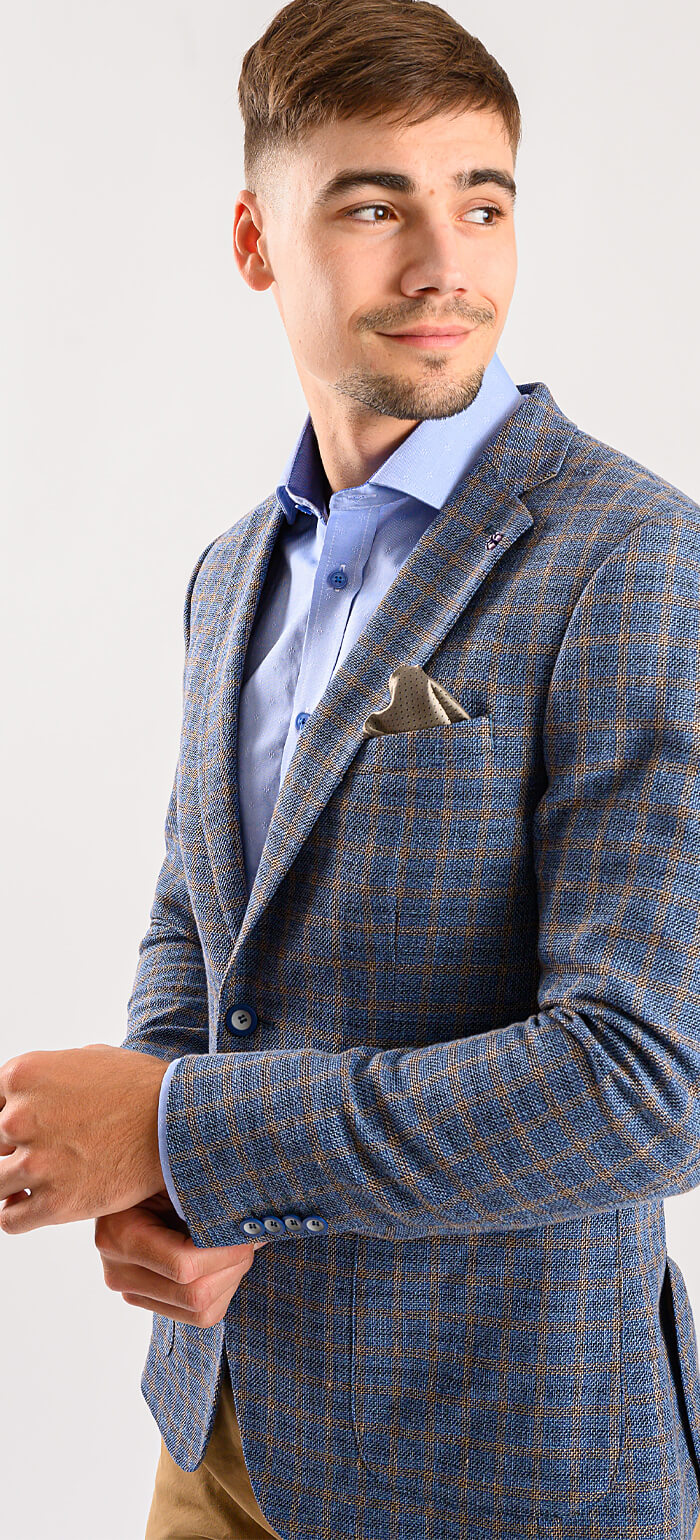 Blue linen jacket with brown check