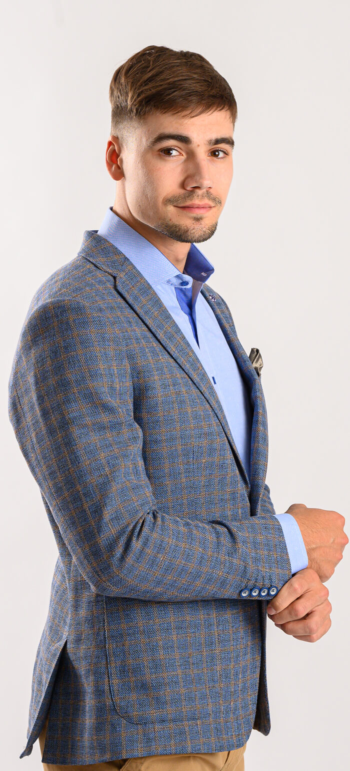 Blue linen jacket with brown check