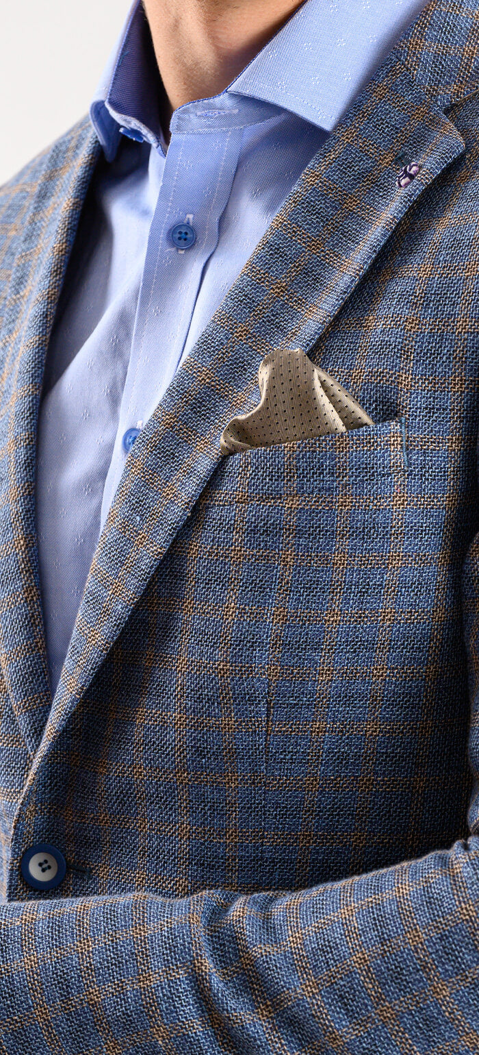 Blue linen jacket with brown check