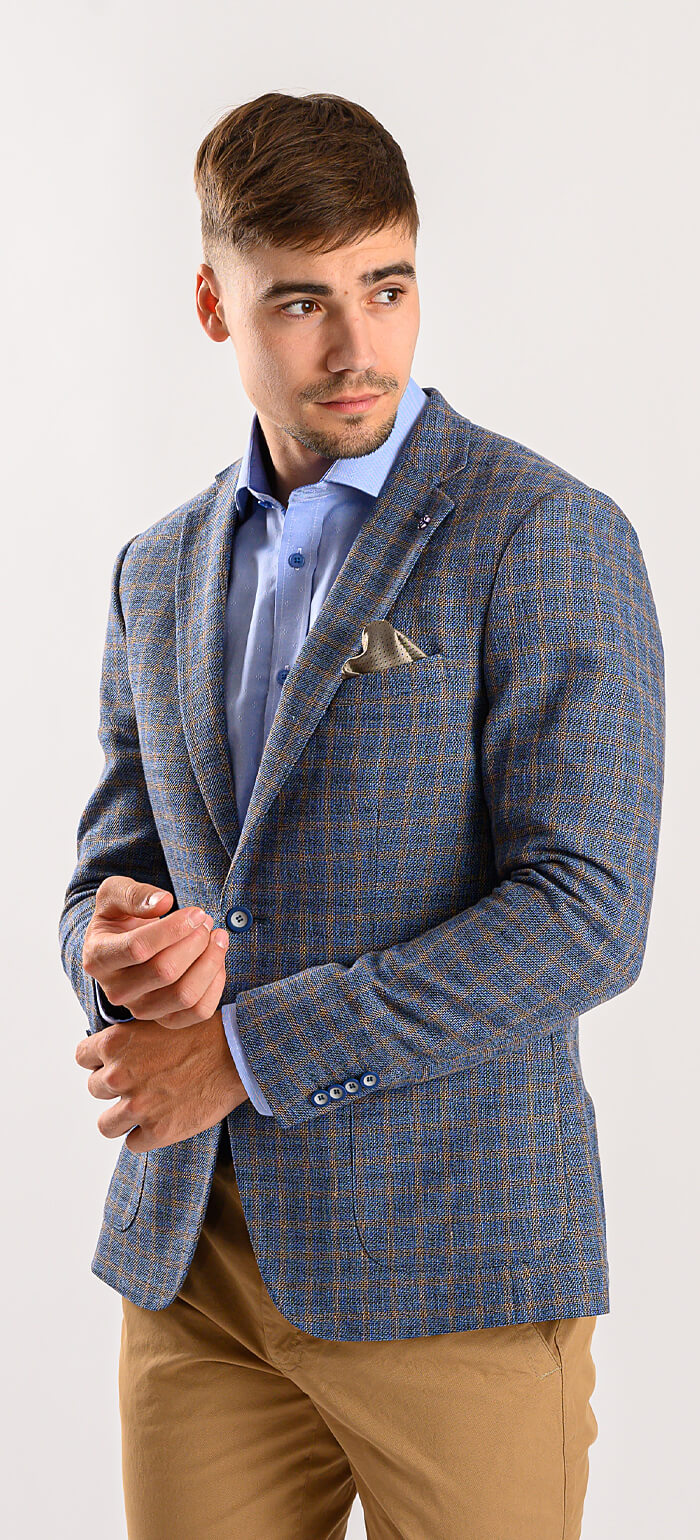 Blue linen jacket with brown check