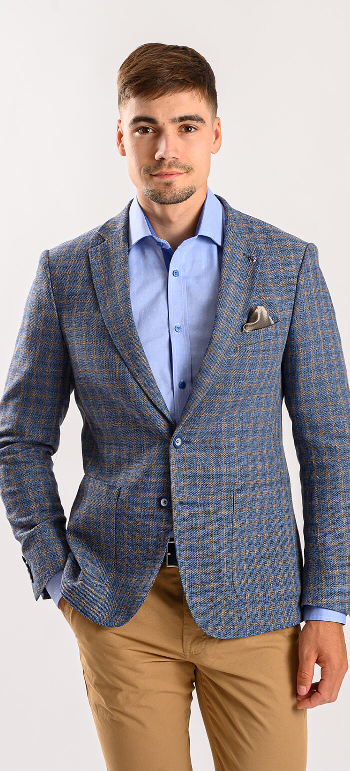Blue linen jacket with brown check