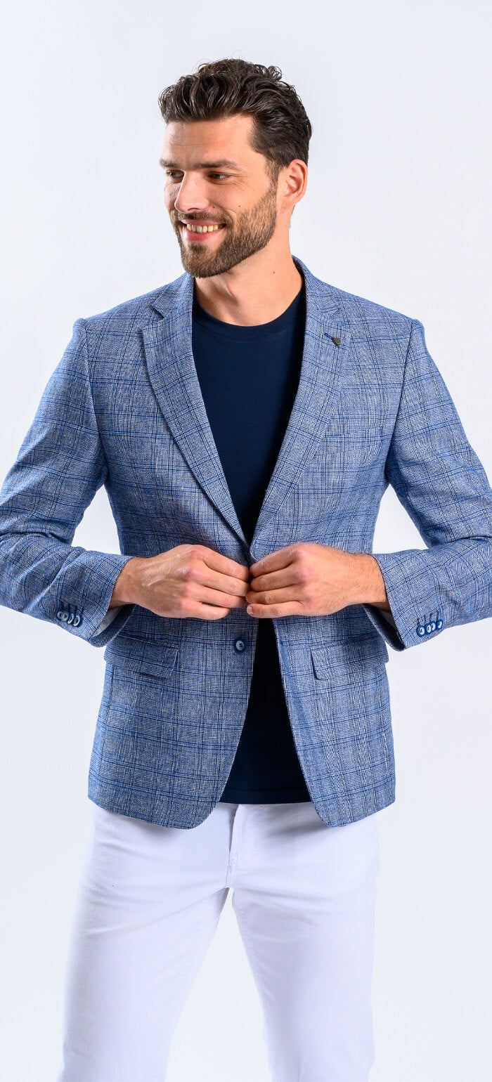 Blue linen blazer with checks