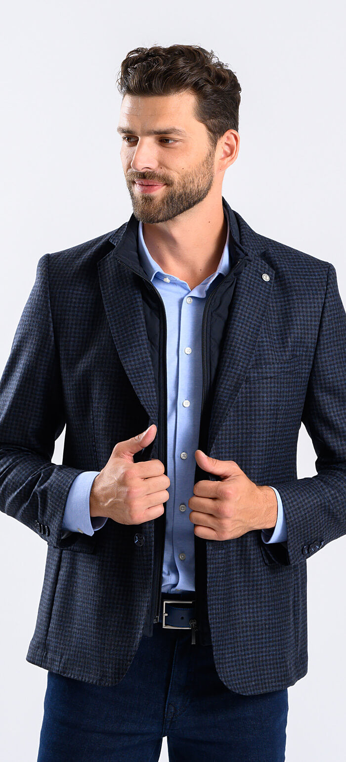 Blue blazer with a small check pattern and a removable insert