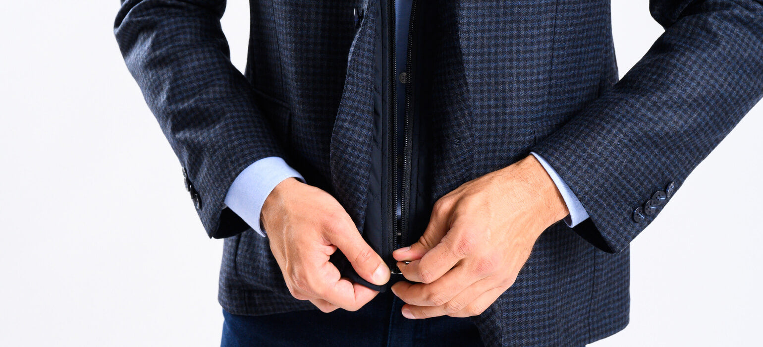 Blue blazer with a small check pattern and a removable insert