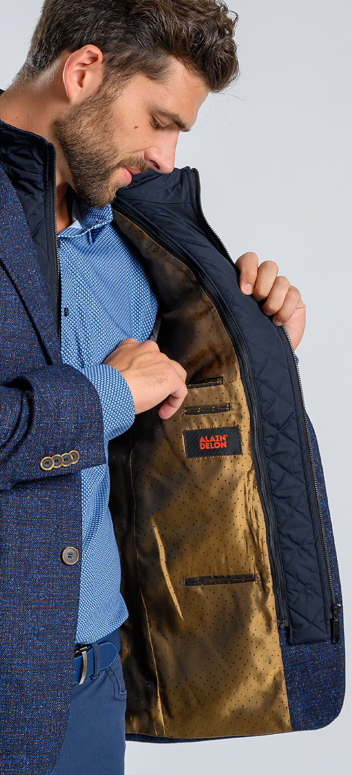 Blue blazer with splattered pattern and removable insert