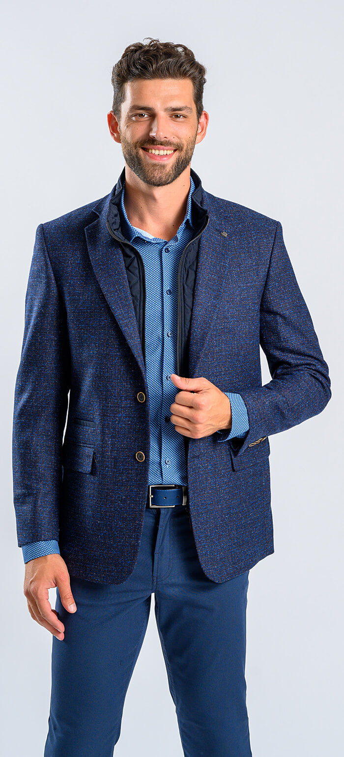 Blue blazer with splattered pattern and removable insert