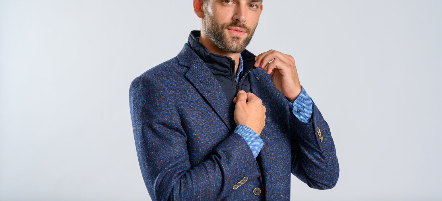 Blue blazer with splattered pattern and removable insert