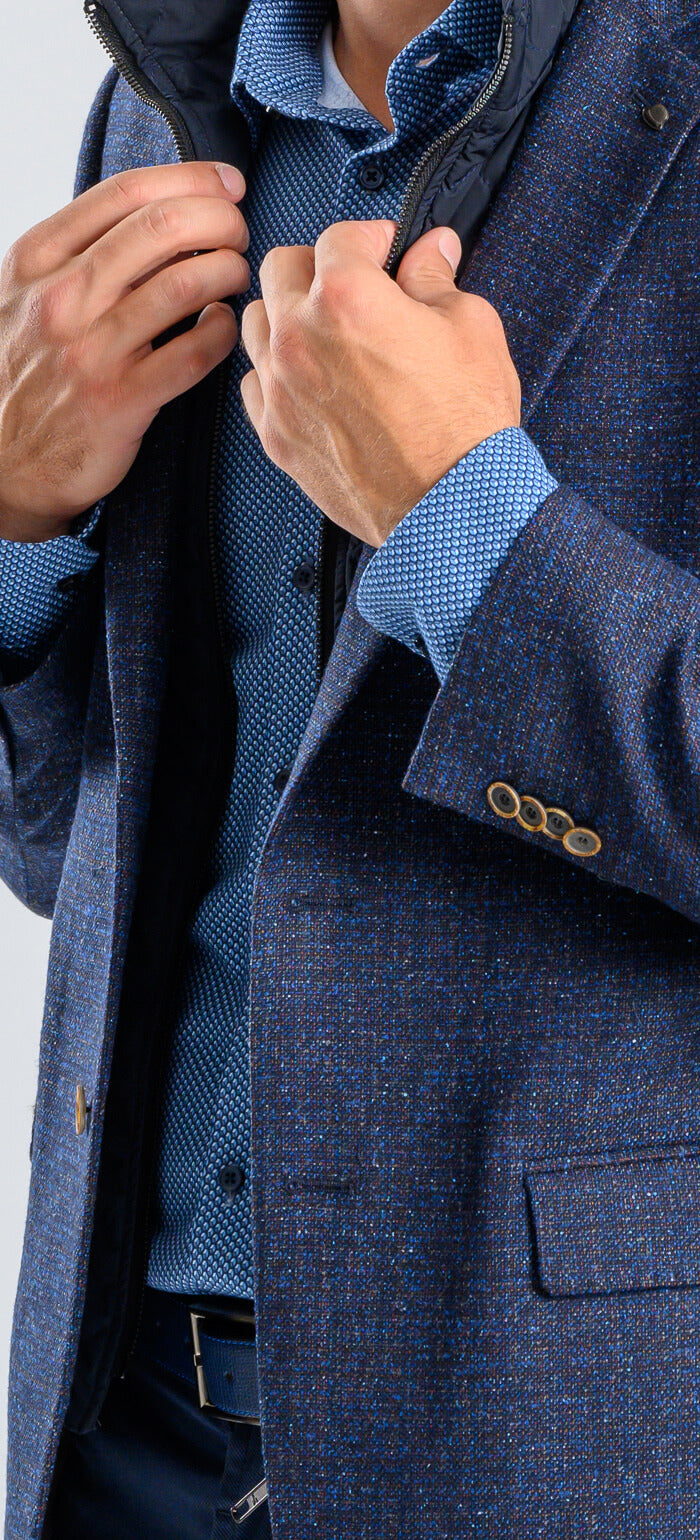 Blue blazer with splattered pattern and removable insert