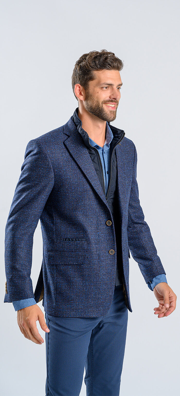 Blue blazer with splattered pattern and removable insert