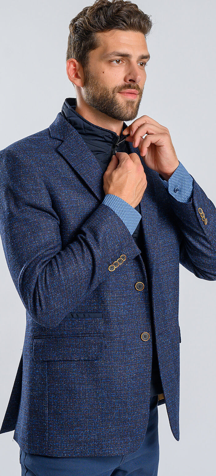 Blue blazer with splattered pattern and removable insert