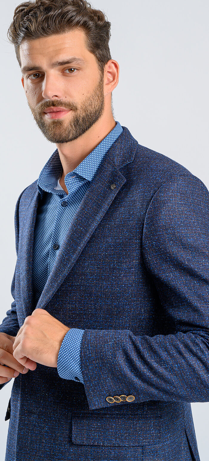 Blue blazer with splattered pattern and removable insert