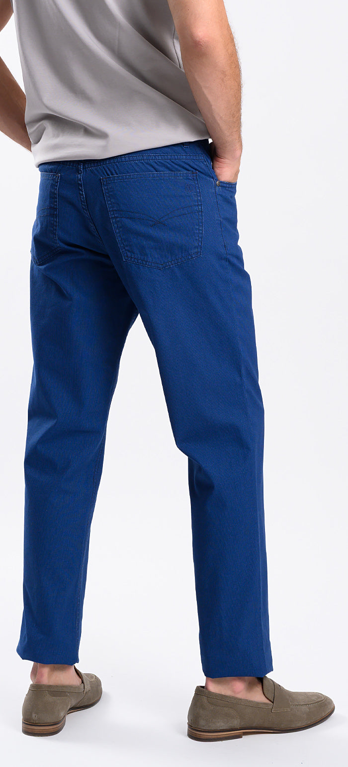 Blue casual trousers with a subtle check pattern