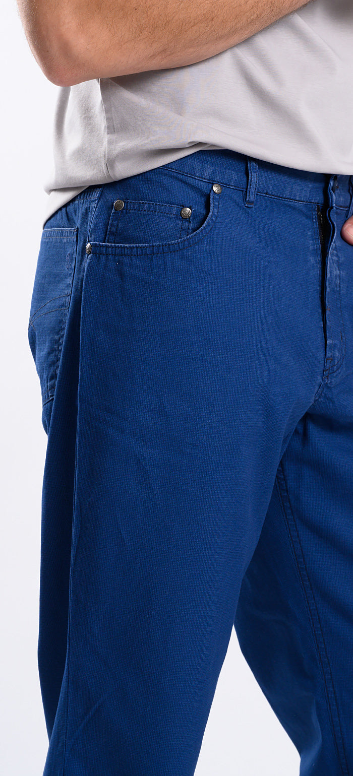 Blue casual trousers with a subtle check pattern