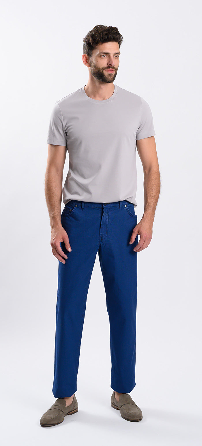 Blue casual trousers with a subtle check pattern