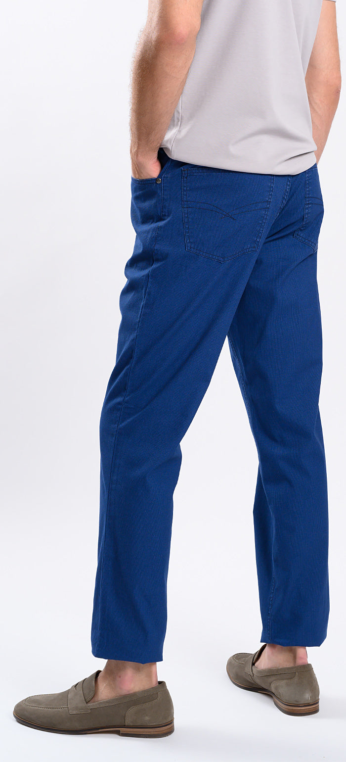 Blue casual trousers with a subtle check pattern