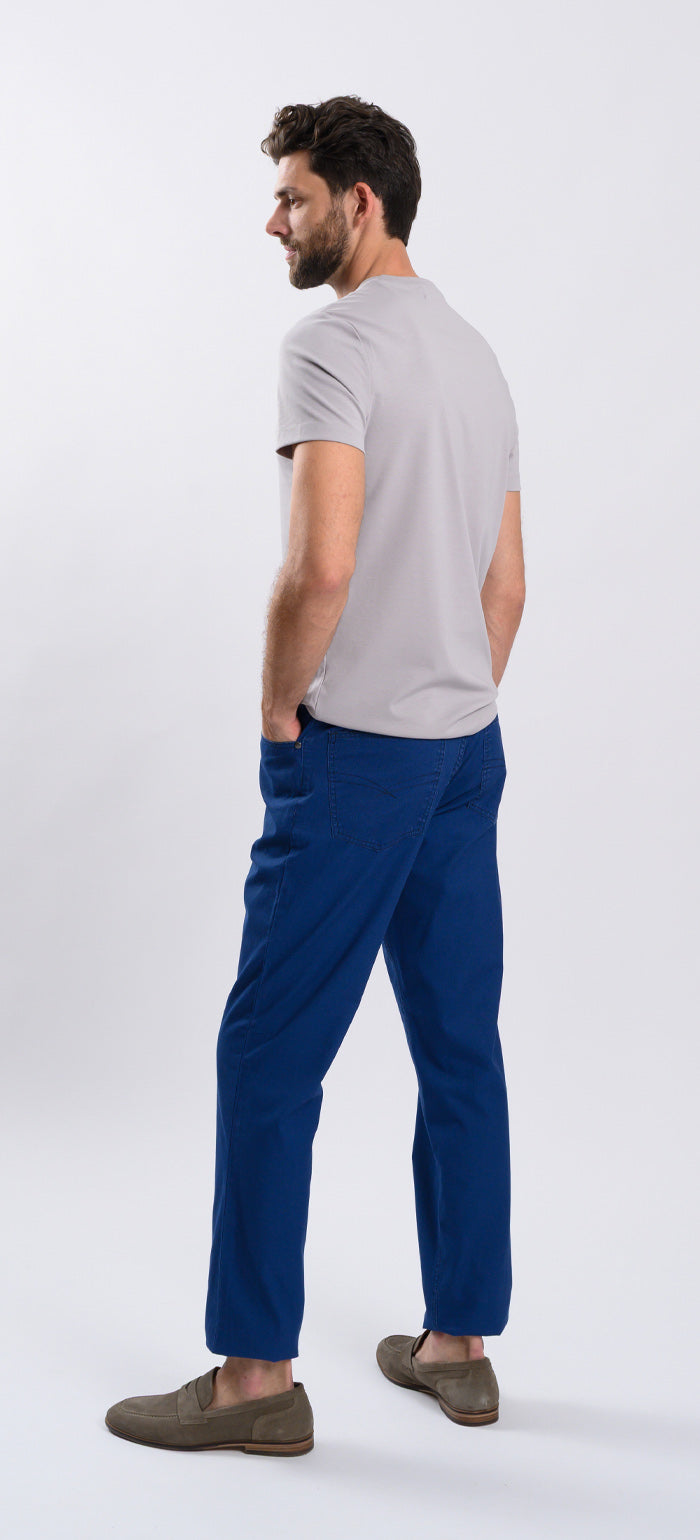 Blue casual trousers with a subtle check pattern