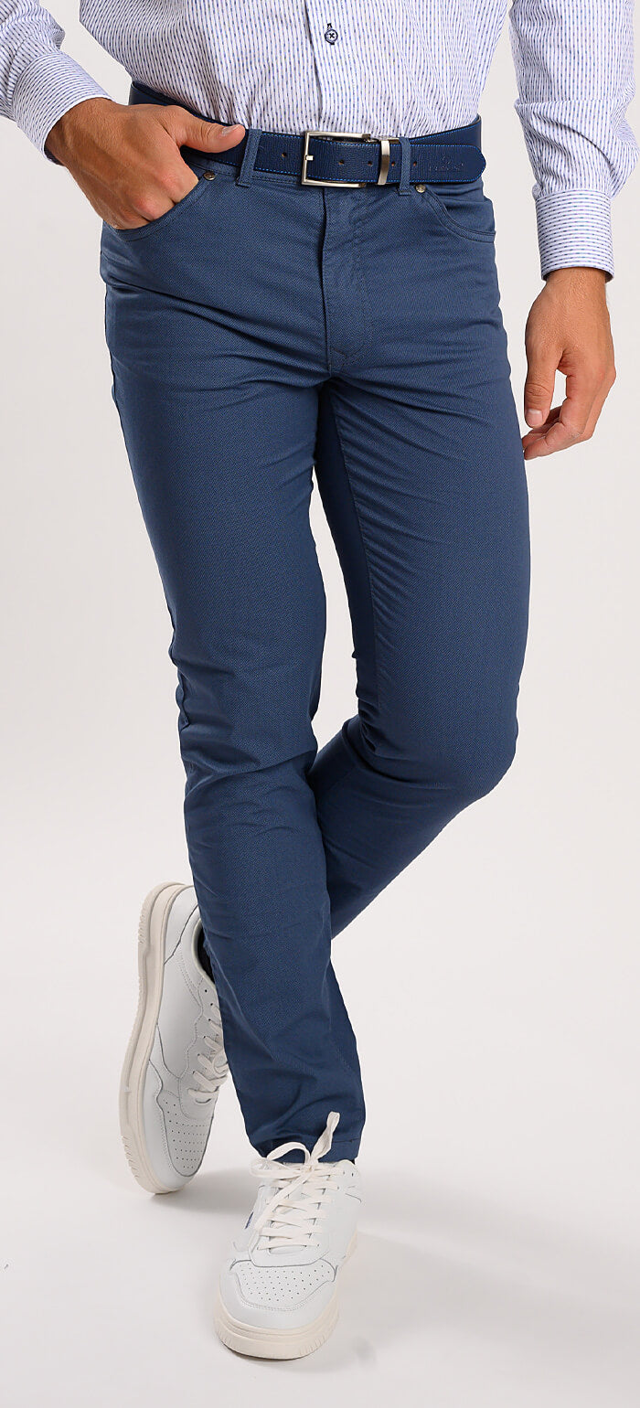 Blue casual pants with a subtle pattern