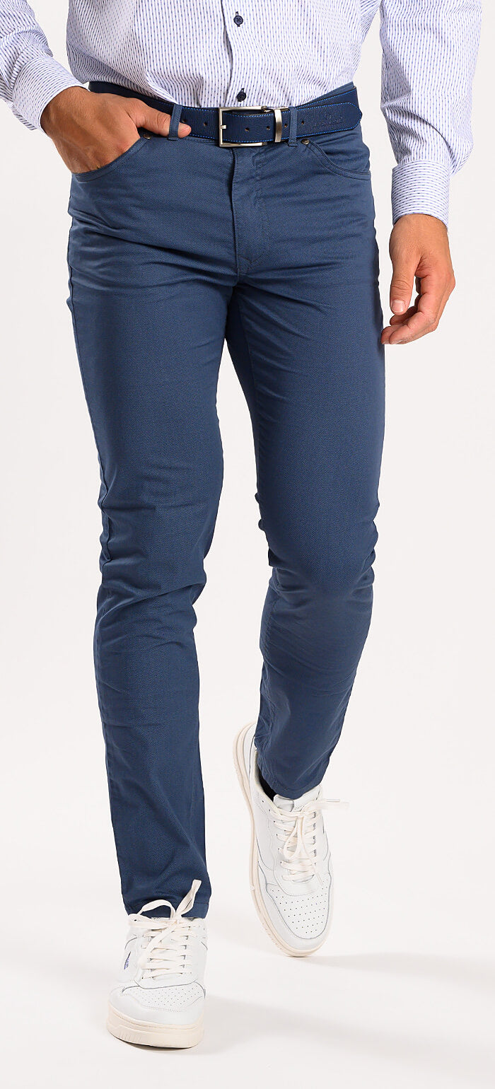 Blue casual pants with a subtle pattern