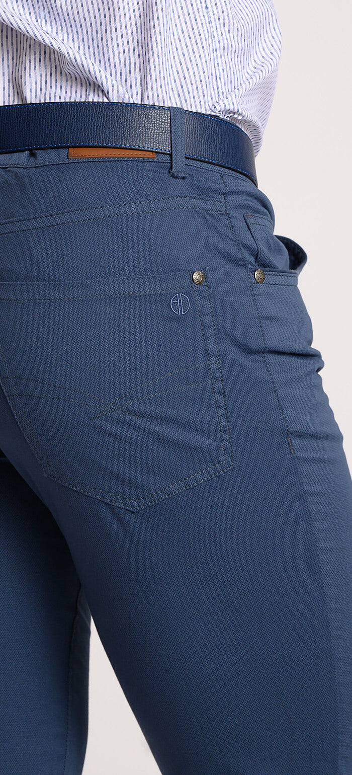 Blue casual pants with a subtle pattern