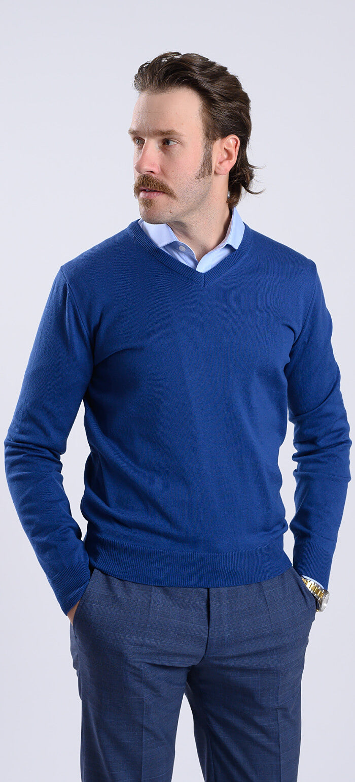 Blue cotton V-neck sweater