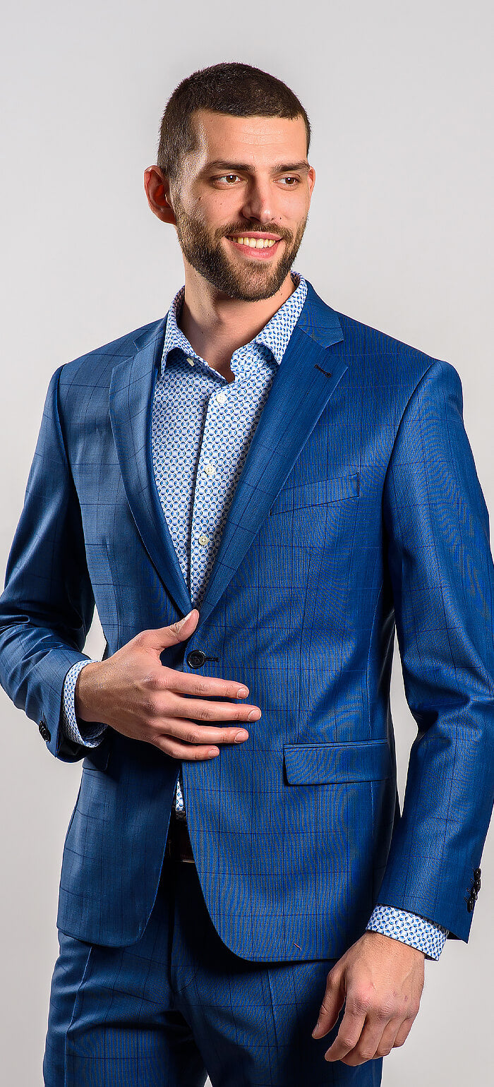 Blue checked slim fit suit