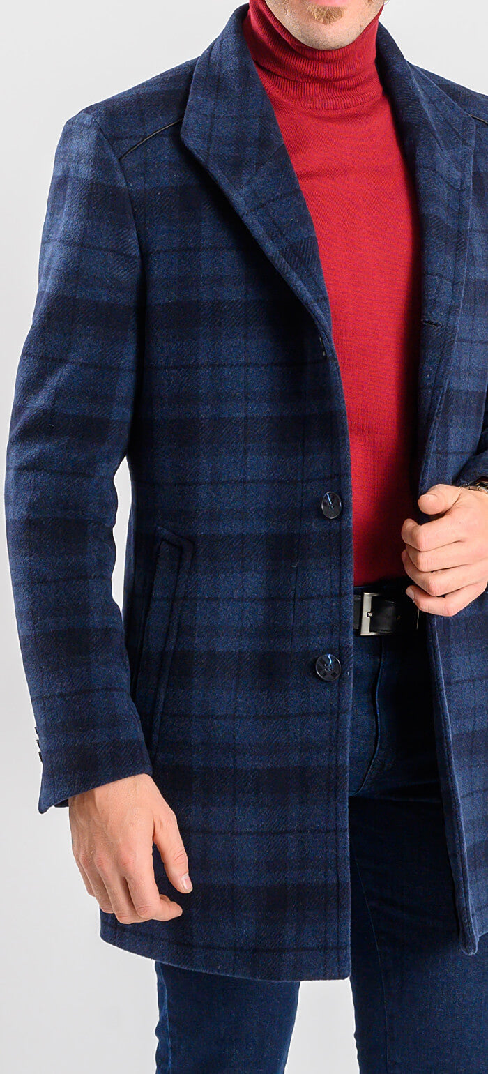 Blue checked wool coat with removable lining