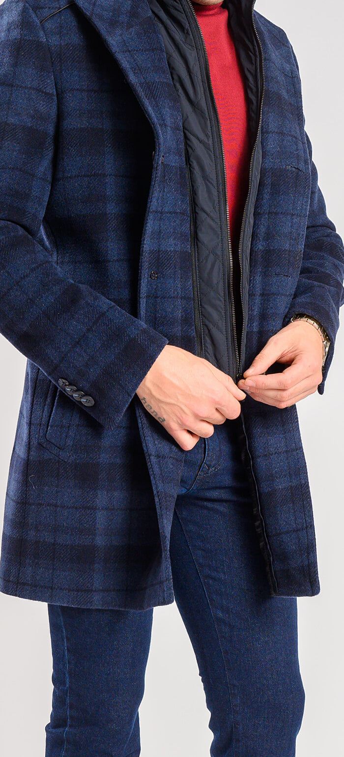 Blue checked wool coat with removable lining