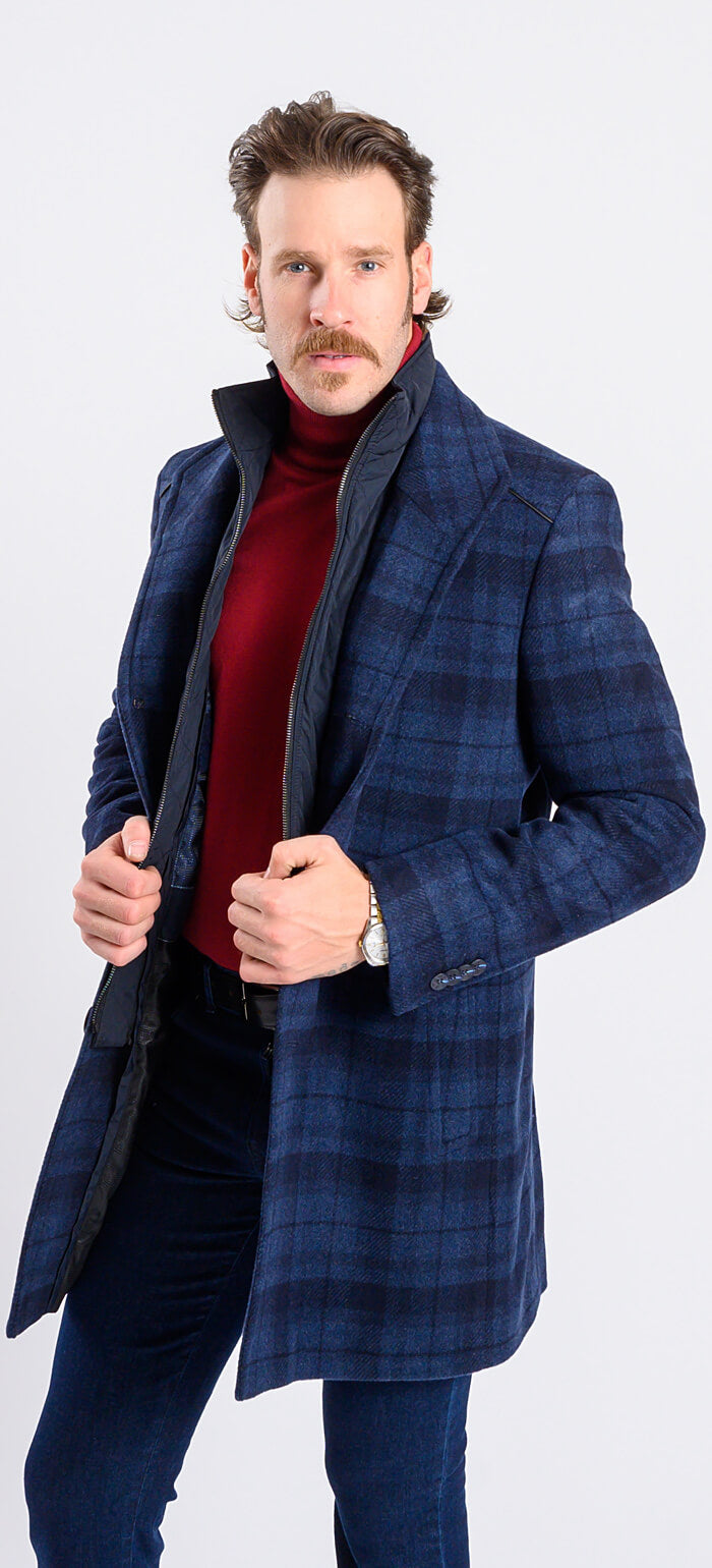 Blue checked wool coat with removable lining