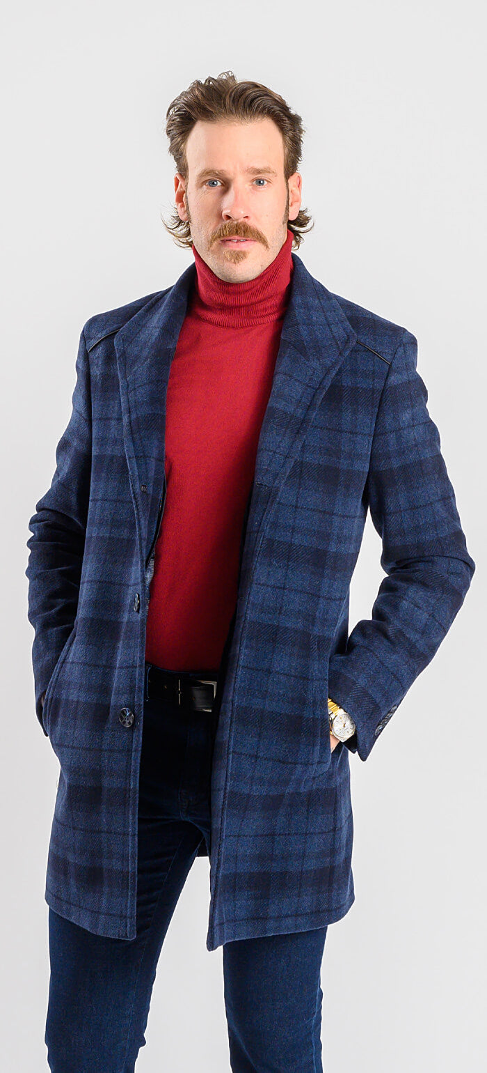 Blue checked wool coat with removable lining