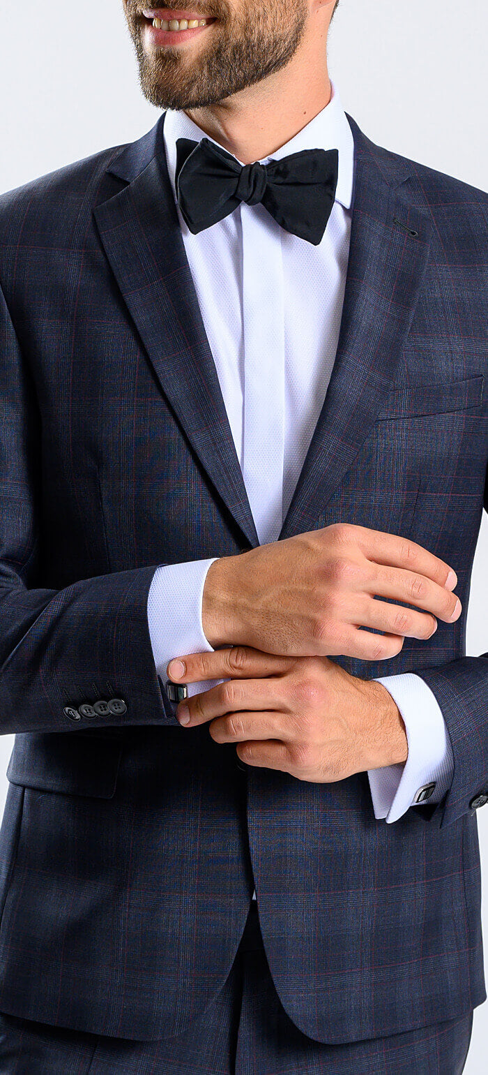 Blue Slim fit suit with burgundy check