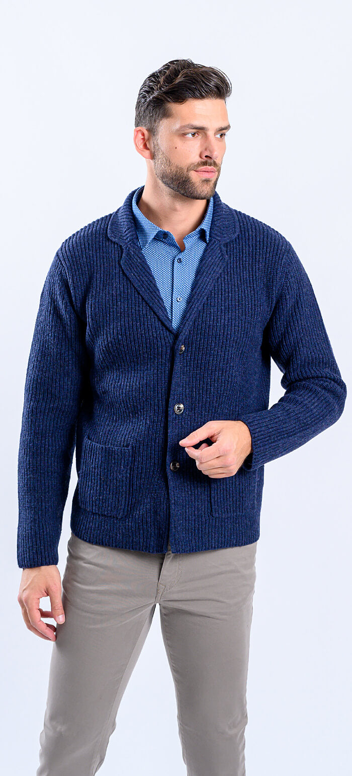 Blue wool button-up sweater