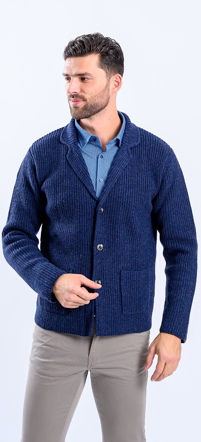 Blue wool button-up sweater