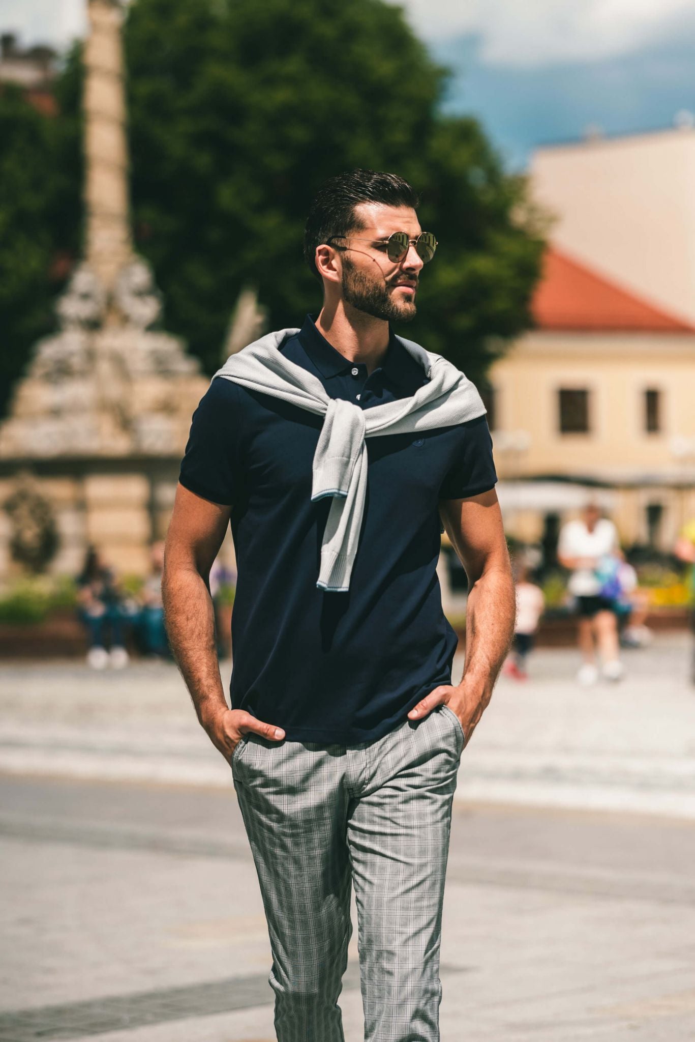 Grey-brown checked trousers