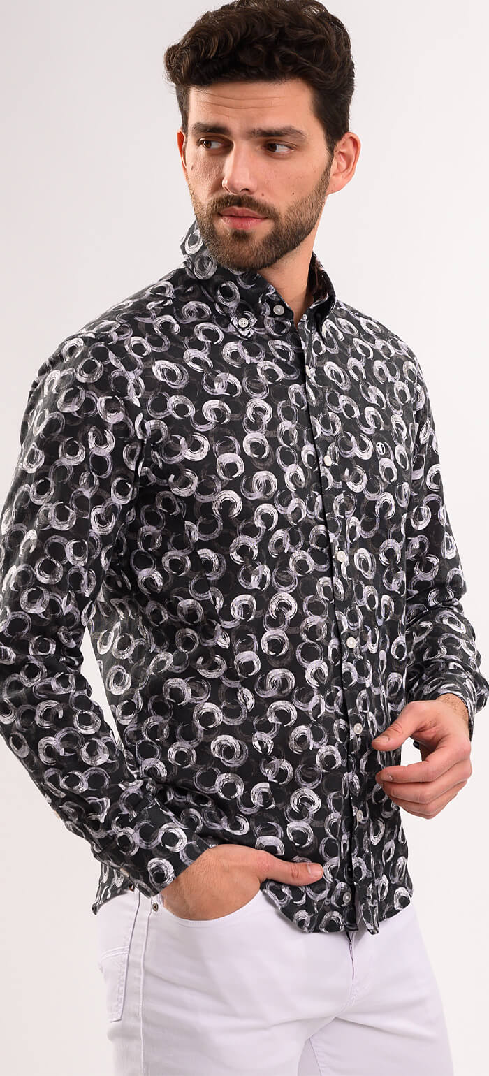 Grey-black linen patterned Extra Slim Fit shirt