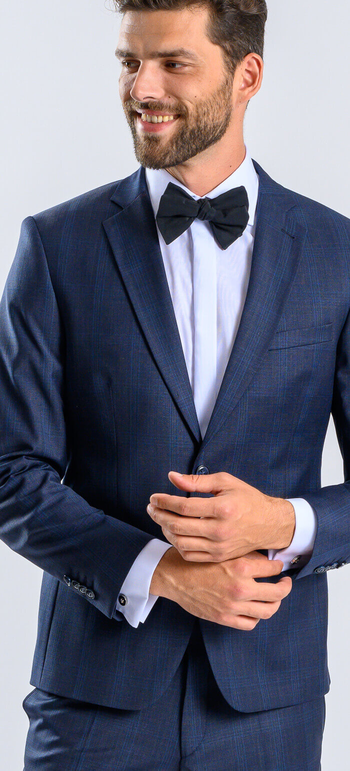 Grey Slim fit suit with blue check