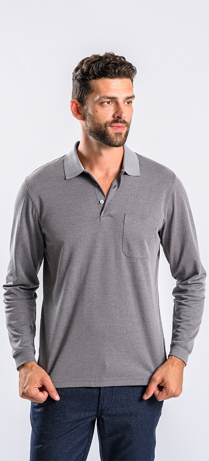 Grey cotton long-sleeved polo shirt