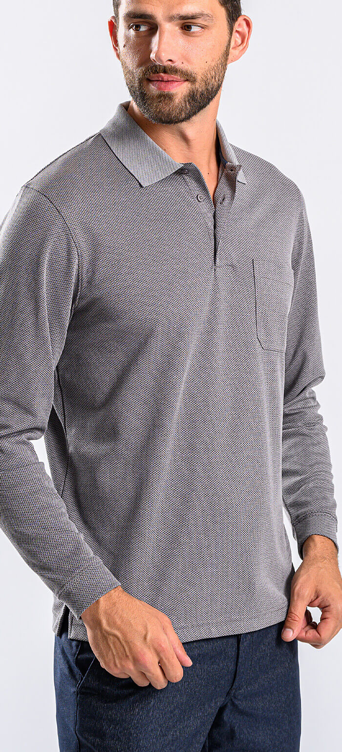 Grey cotton long-sleeved polo shirt