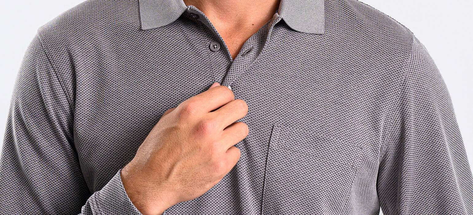 Grey cotton long-sleeved polo shirt