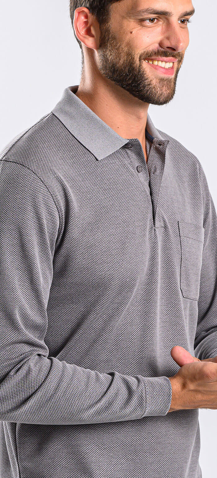 Grey cotton long-sleeved polo shirt