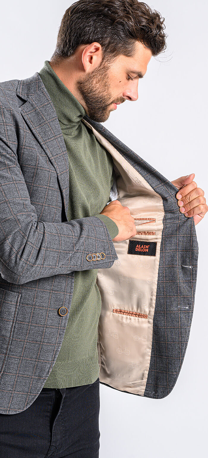 Grey cotton blazer with brown check pattern